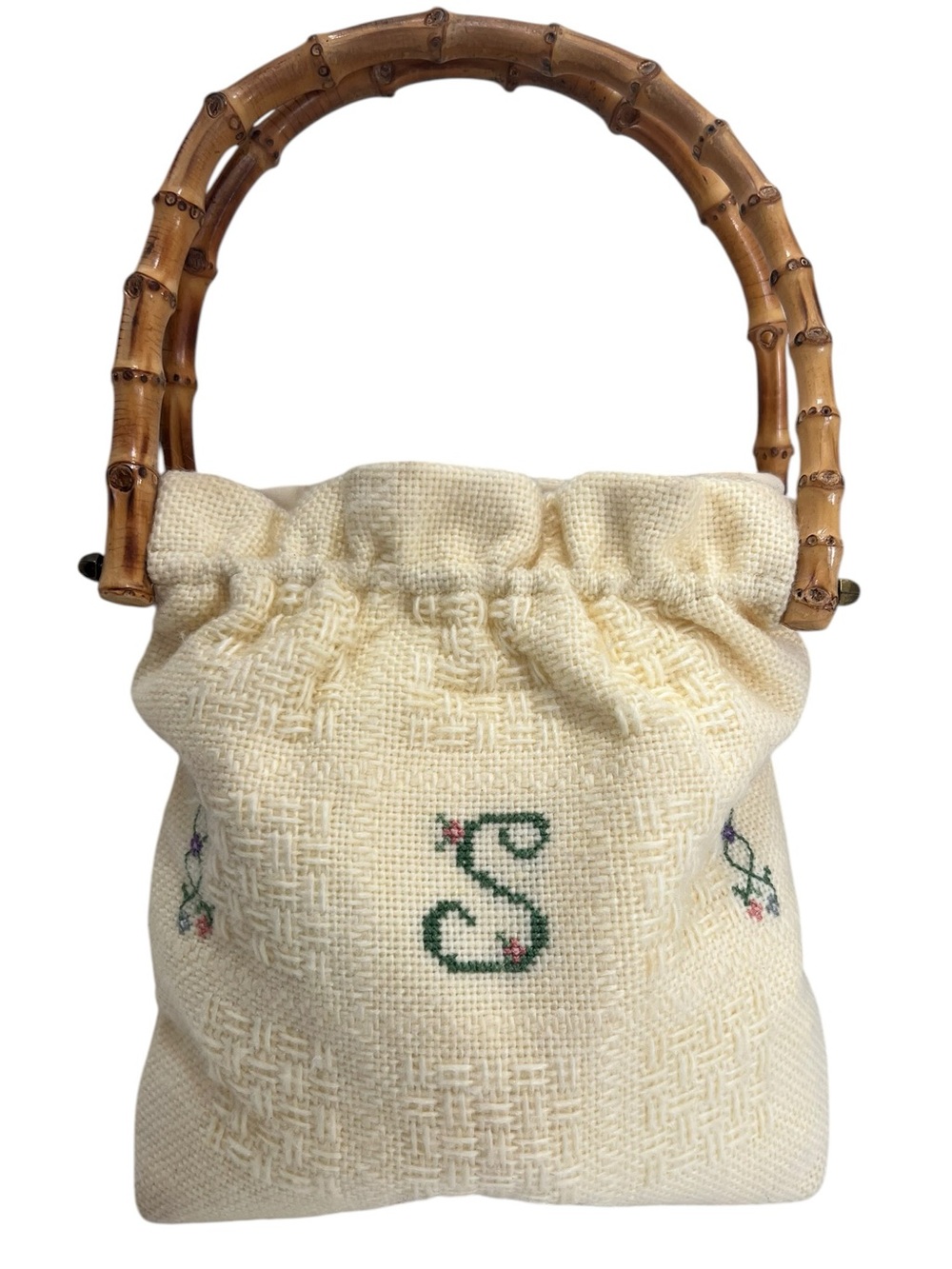 Vintage Monogram “S” Embroidered Cross Stitch Bamboo Handle Cottagecore Bag